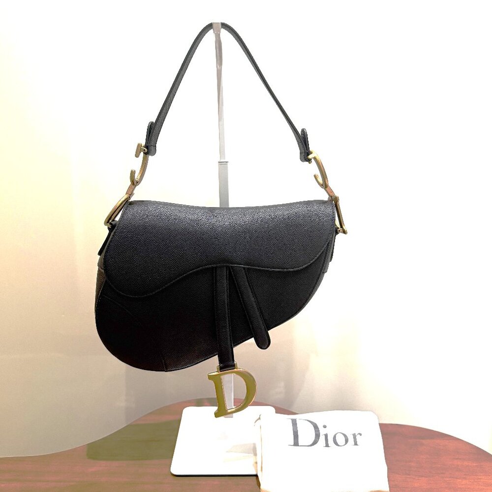Christian Dior Grained Calfskin Saddle Bag Black Medium